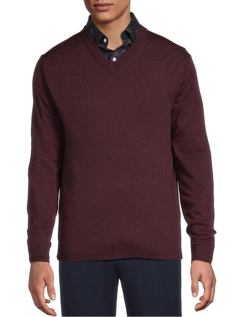 Hart Schaffner Marx Men’s Extra Fine Merino Wool V Neck Sweater in Merlot Medium